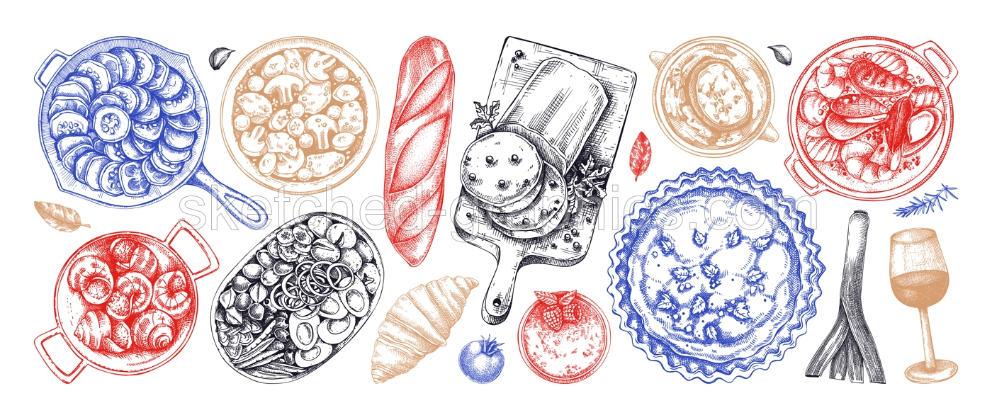 French cuisine dishes vintage drawings collection. Traditional food from France sketches set. French restaurant menu design elements. Hand-drawn food illustration, NOT AI generated Illustration
